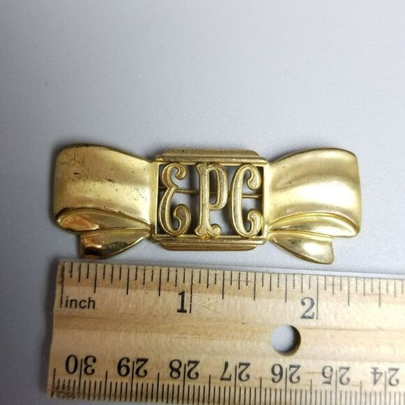 Vintage Monocraft E.P.C Monogram Letter Gold Tone Brooch Pin Bow Shape, Signed - Picture 5 of 7
